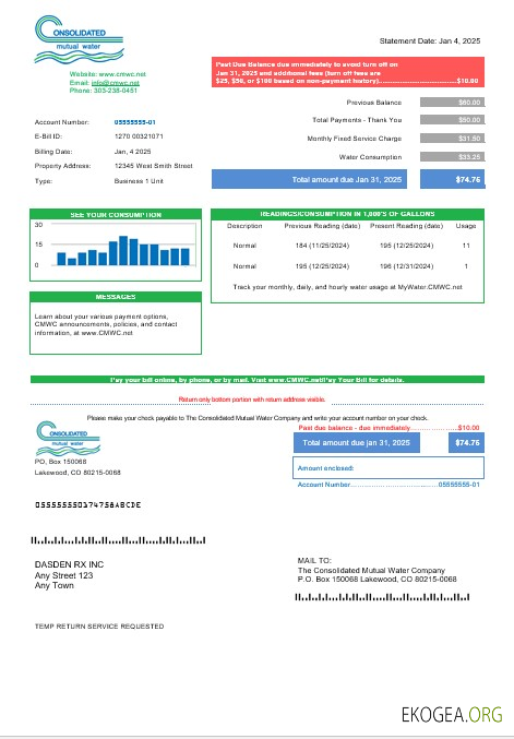 Modèle de facture de services publics de l'entreprise USA Consolidated Mutual Water aux formats Word et PDF